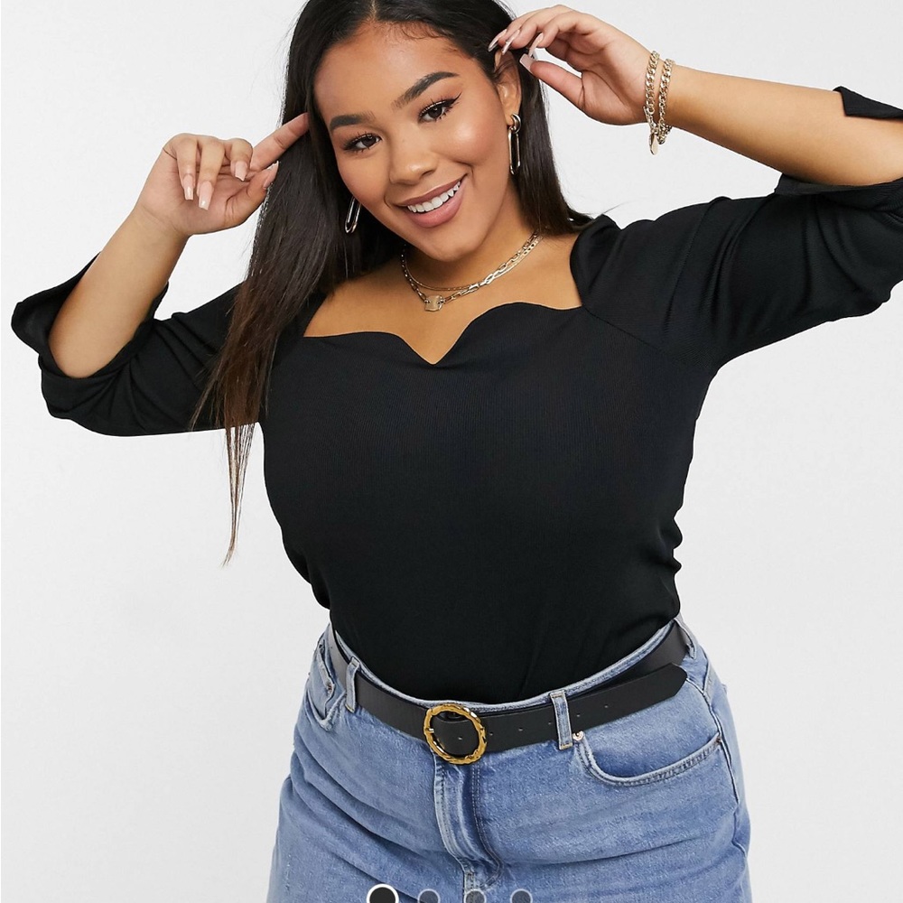 River Island Plus sweetheart fitted long sleeved top in black BRAND NEW 14
